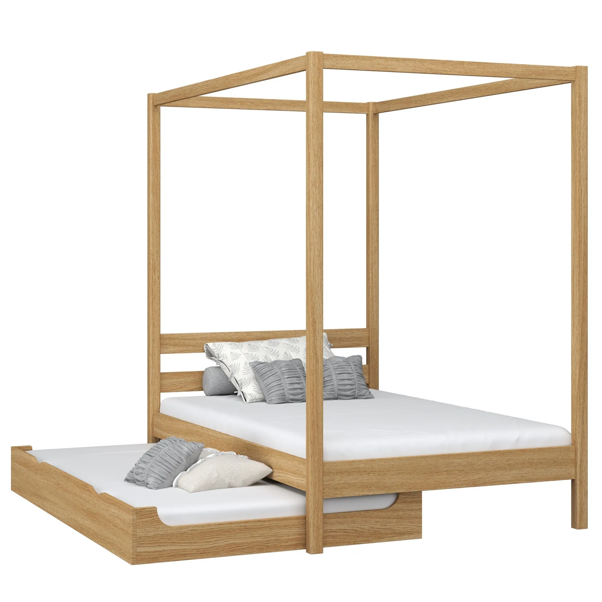 Dębowe łóżko z baldachimem i szufladą na dodatkowy materac N01