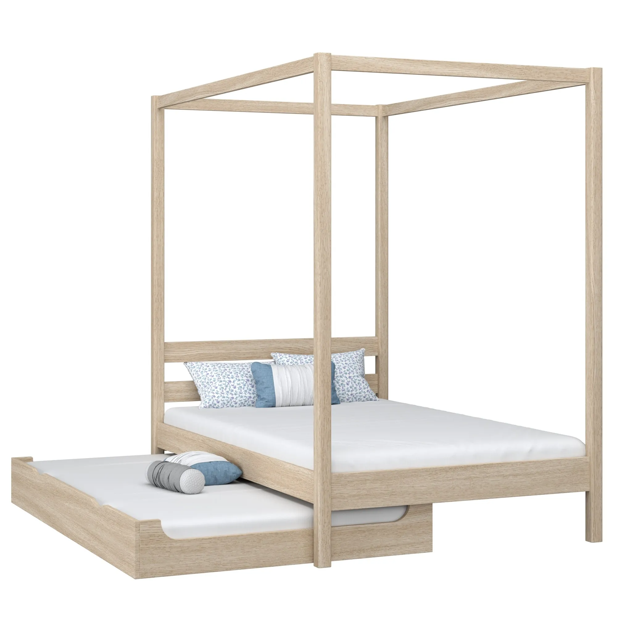 Dębowe łóżko z baldachimem i szufladą na dodatkowy materac N01