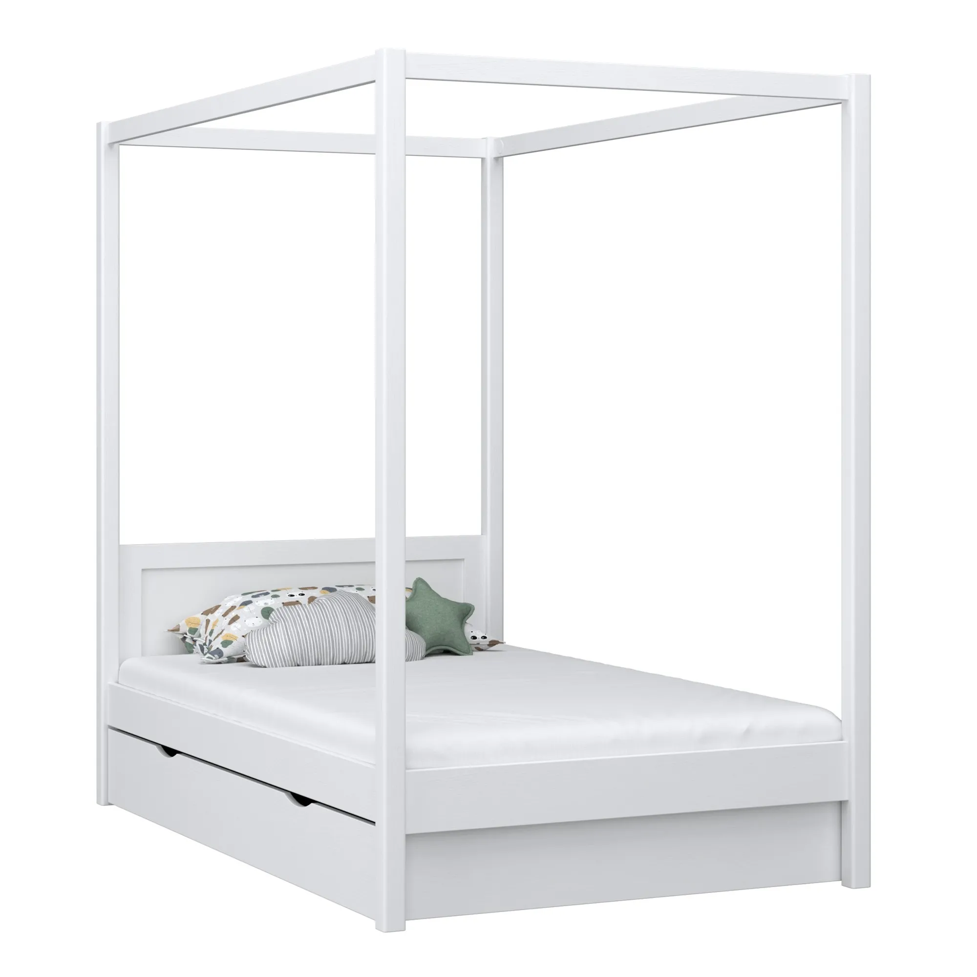 Drewniane łóżko z baldachimem i szufladą N02