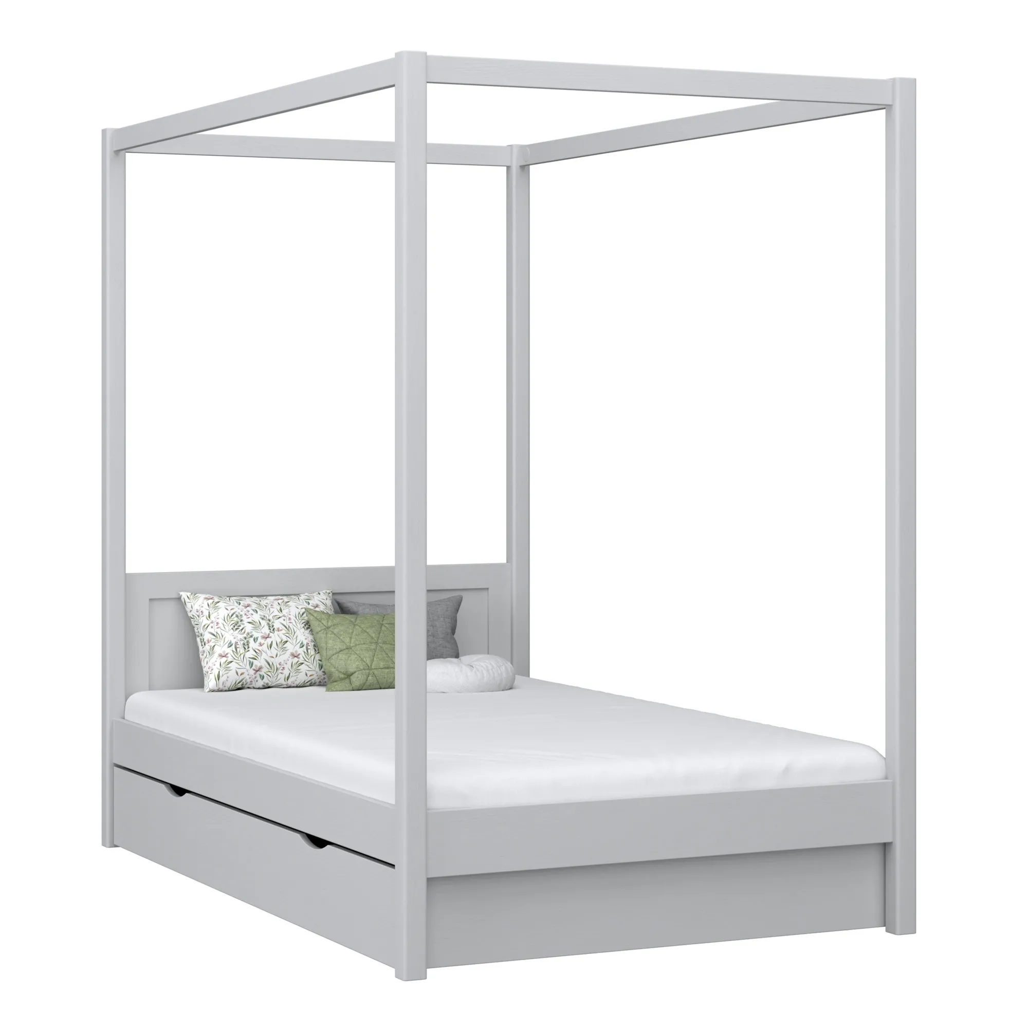 Drewniane łóżko z baldachimem i szufladą N02