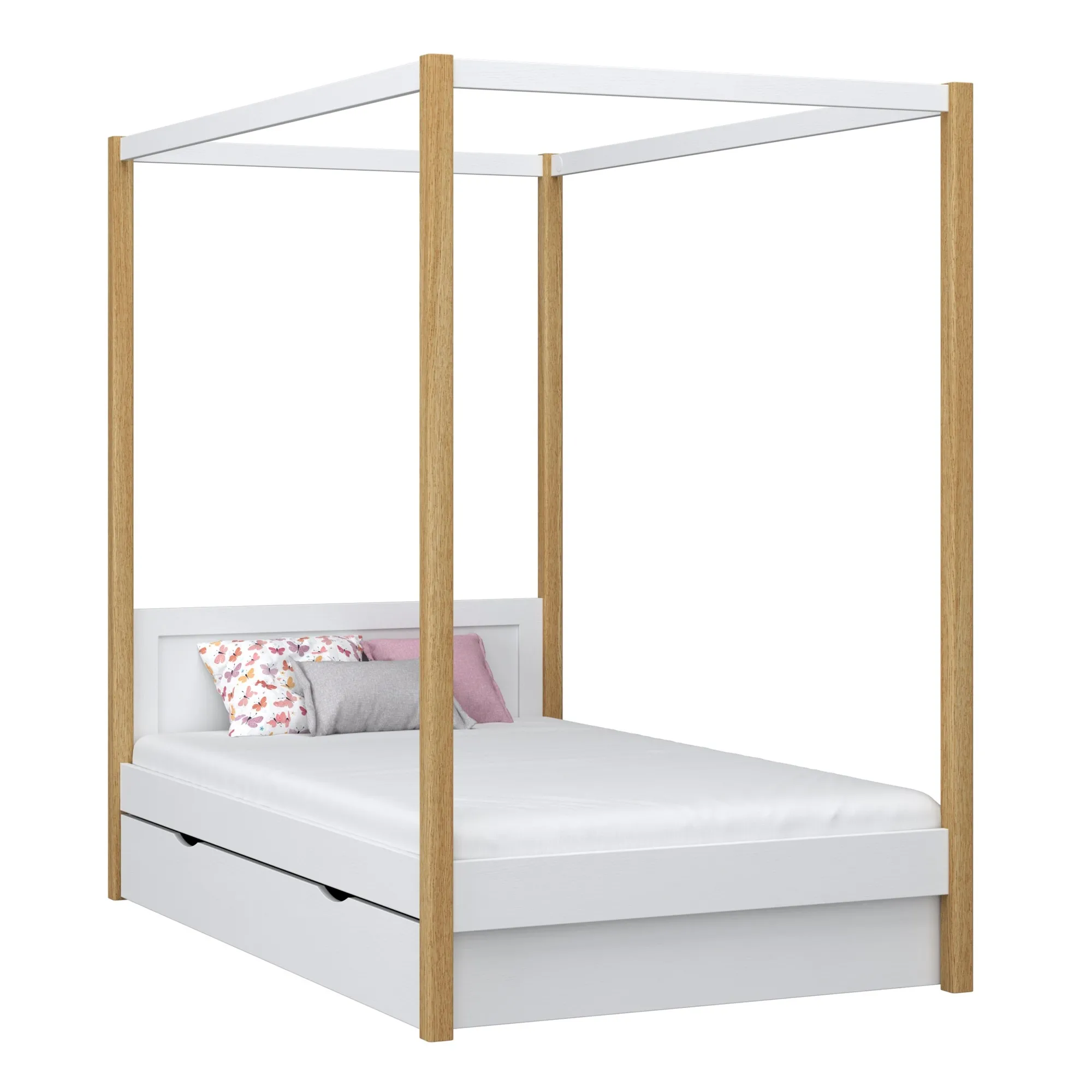 Drewniane łóżko z baldachimem i szufladą N02