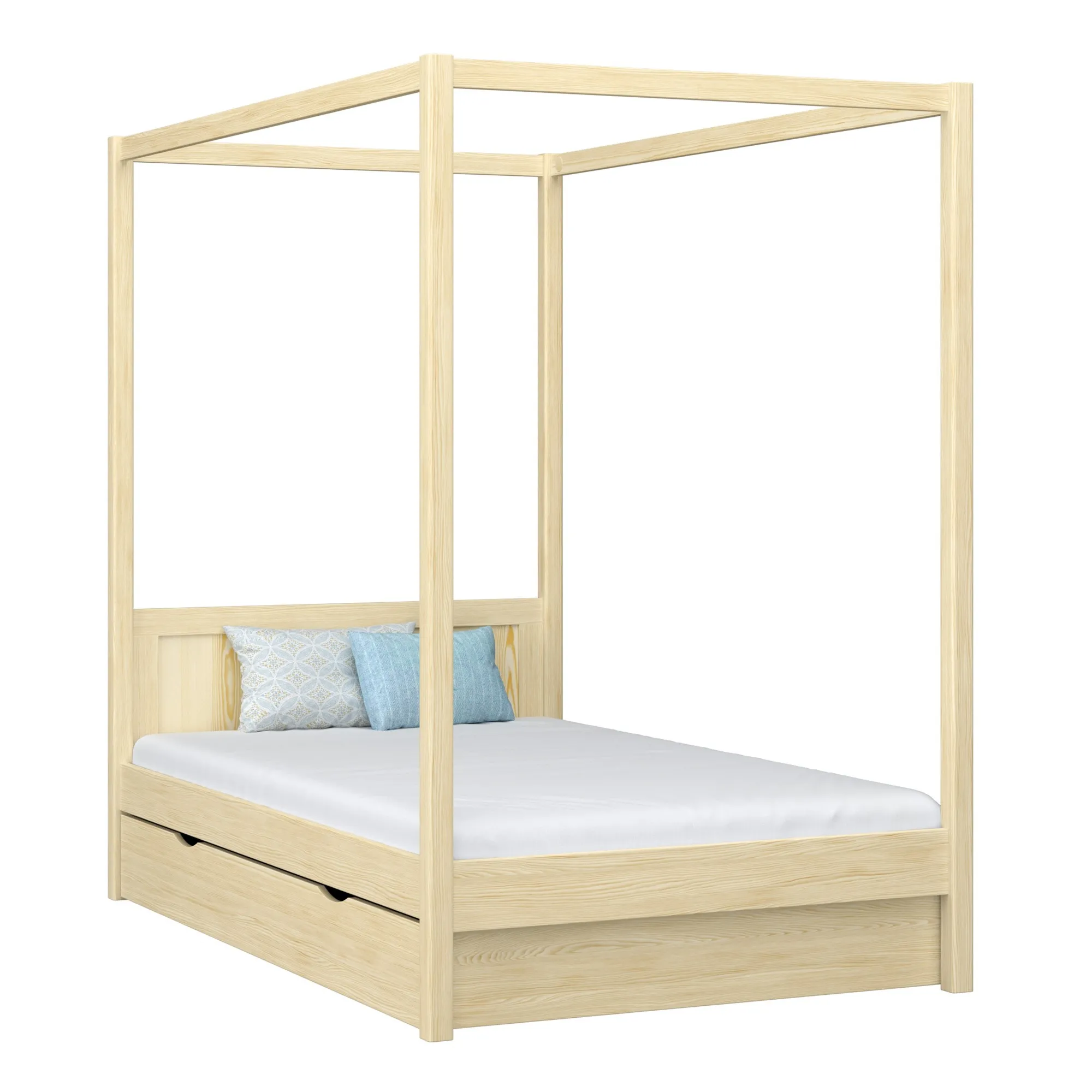 Drewniane łóżko z baldachimem i szufladą N02