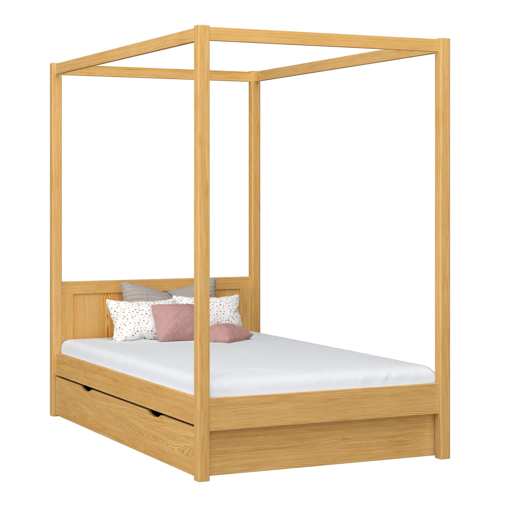 Drewniane łóżko z baldachimem i szufladą N02