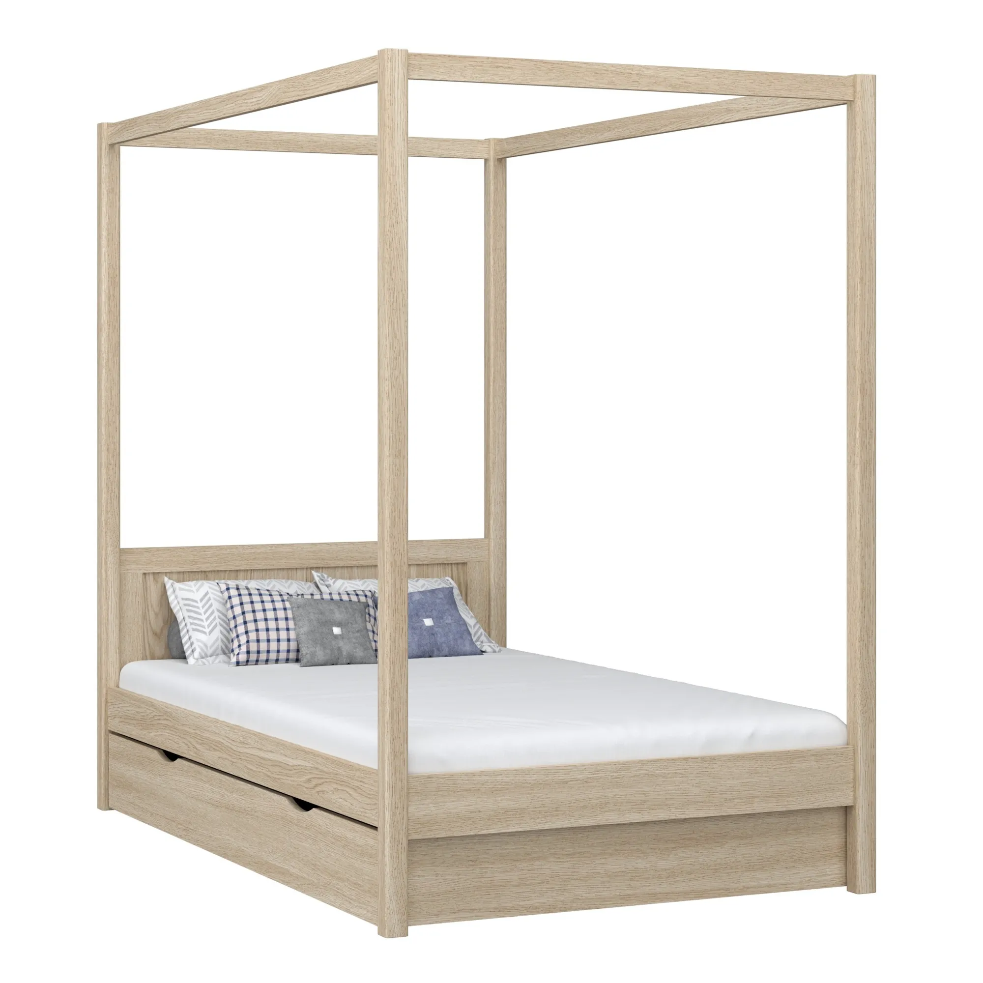 Dębowe łóżko z baldachimem i szufladą N02