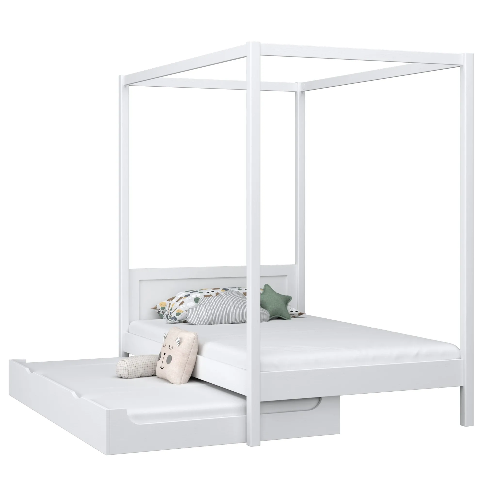 Drewniane łóżko z baldachimem i szufladą na dodatkowy materac N02