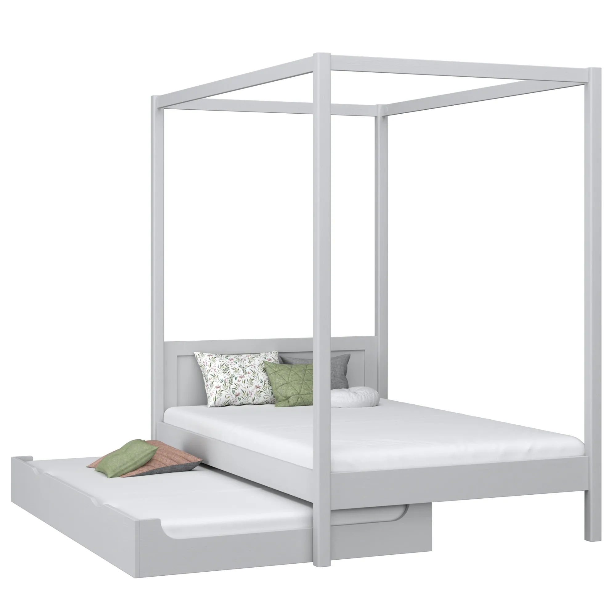 Drewniane łóżko z baldachimem i szufladą na dodatkowy materac N02