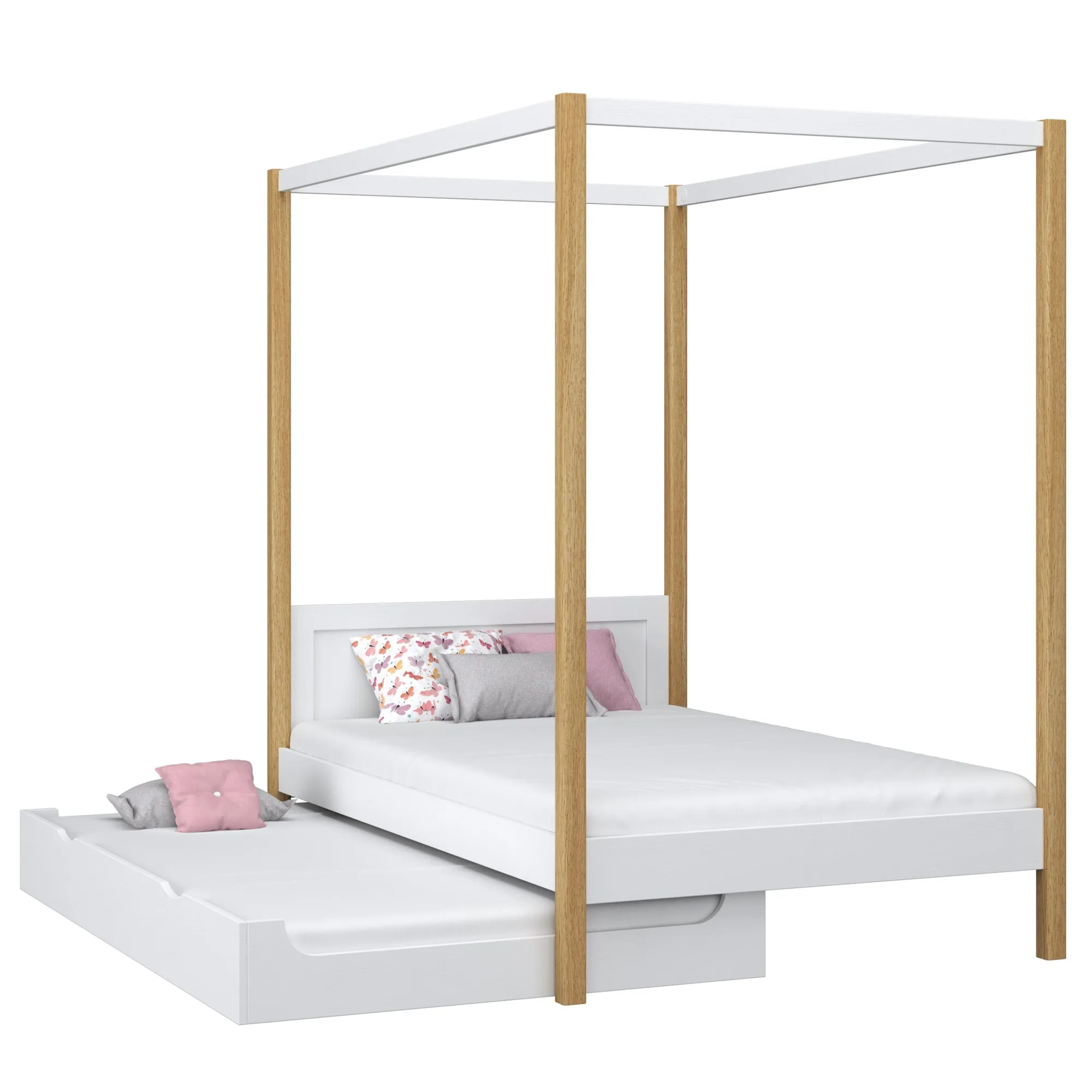 Drewniane łóżko z baldachimem i szufladą na dodatkowy materac N02