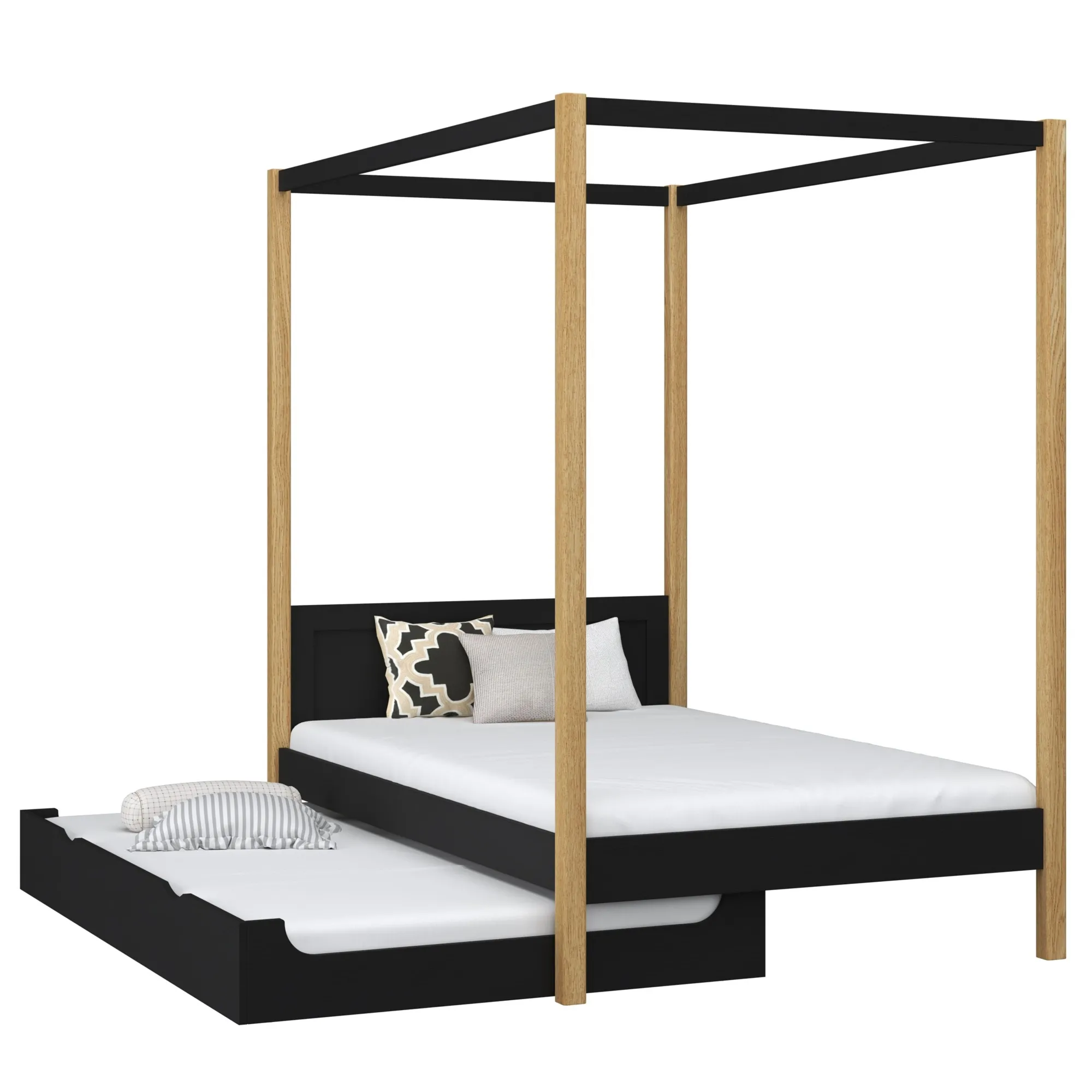 Drewniane łóżko z baldachimem i szufladą na dodatkowy materac N02