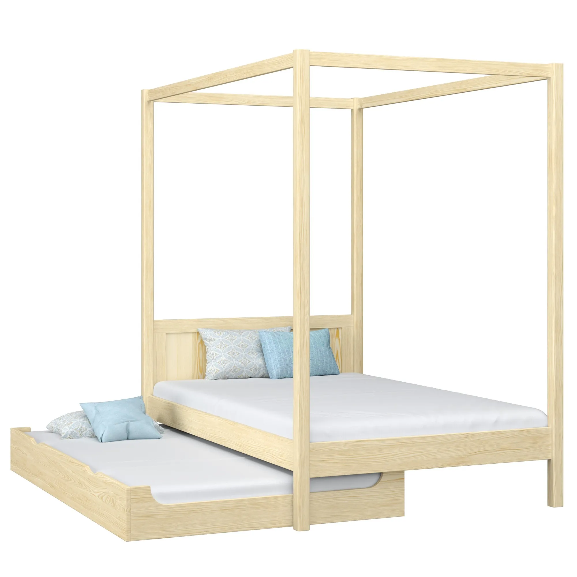 Drewniane łóżko z baldachimem i szufladą na dodatkowy materac N02