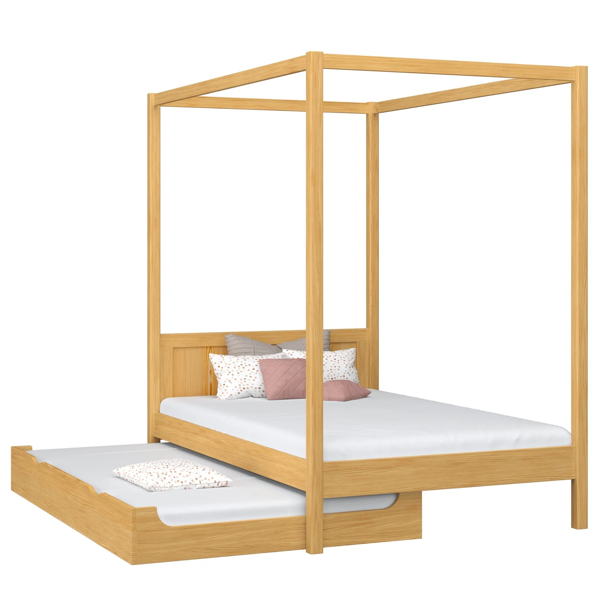 Drewniane łóżko z baldachimem i szufladą na dodatkowy materac N02