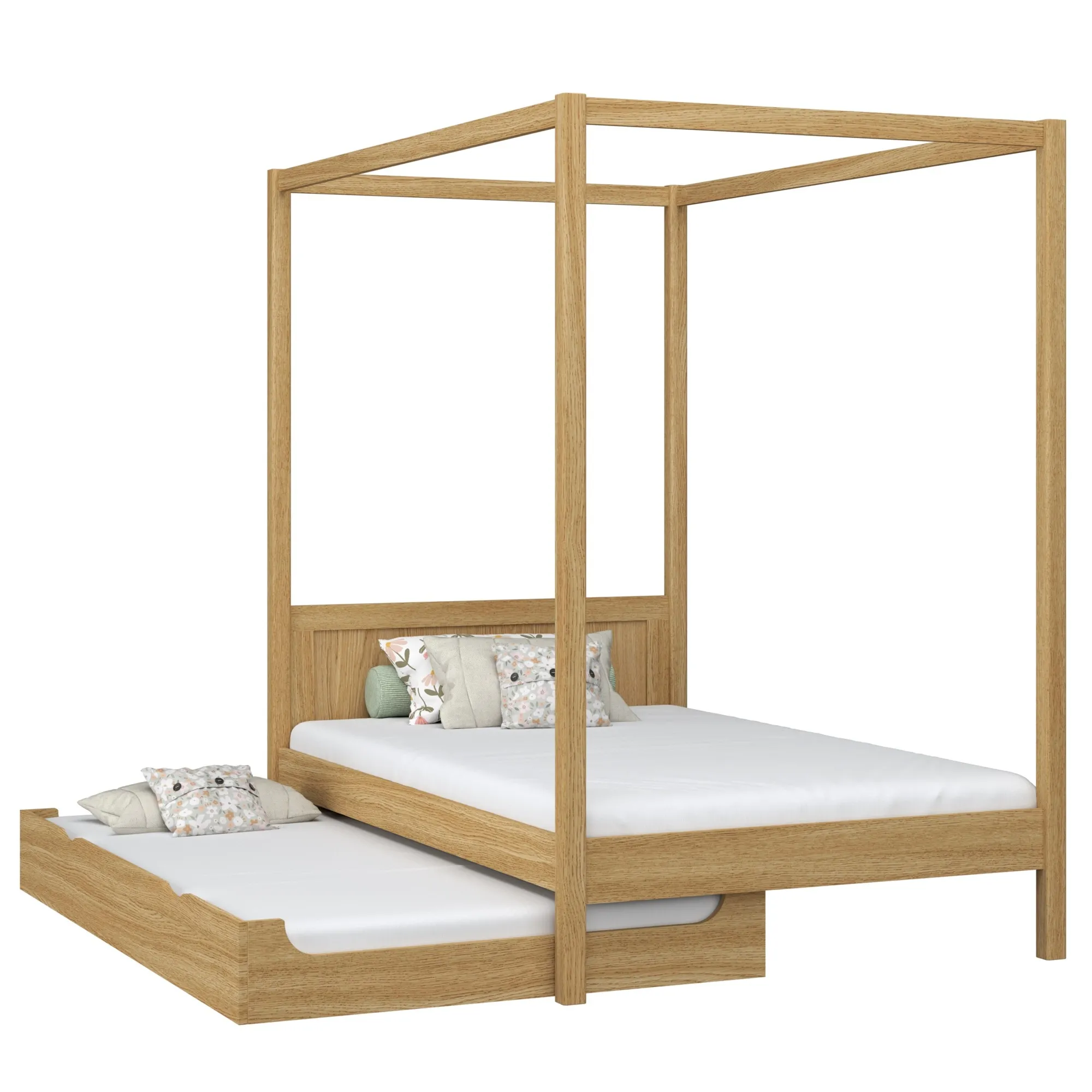 Dębowe łóżko z baldachimem i szufladą na dodatkowy materac N02