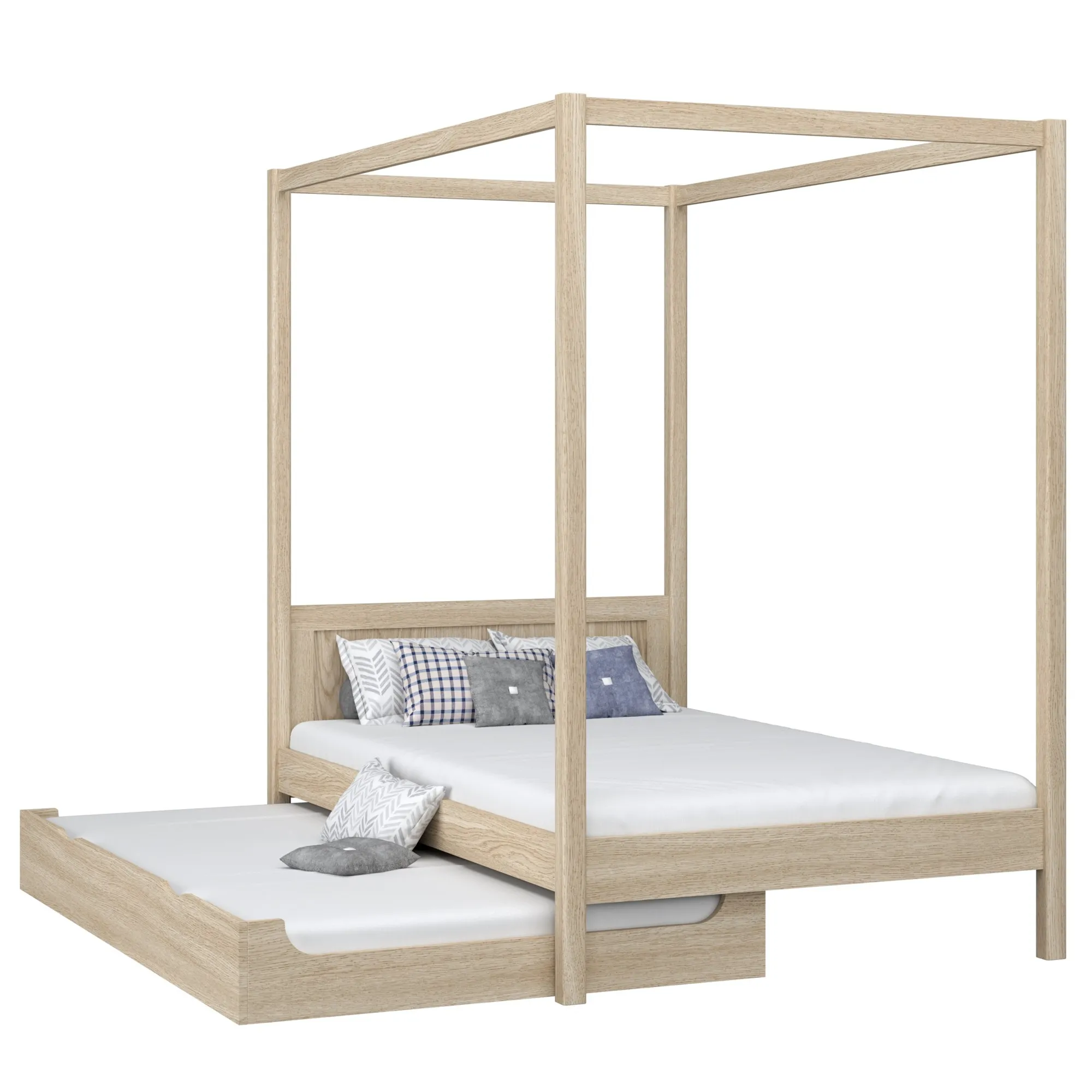 Dębowe łóżko z baldachimem i szufladą na dodatkowy materac N02