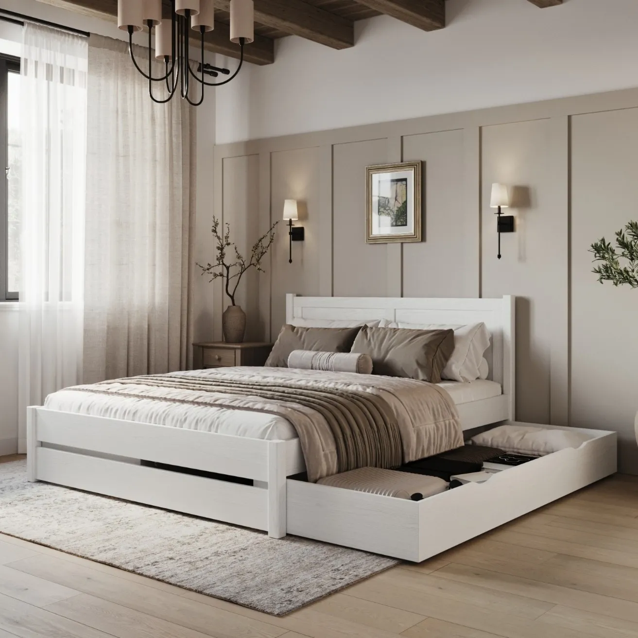 Drewniane łóżko podwójne z szufladą N02