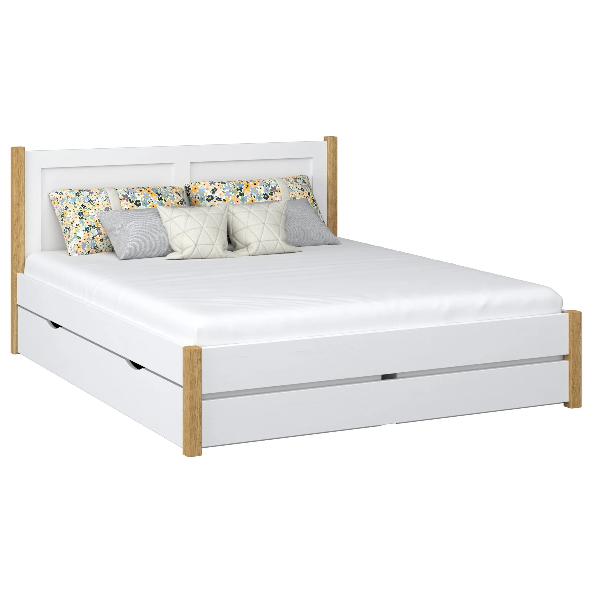 Drewniane łóżko podwójne z szufladą N02