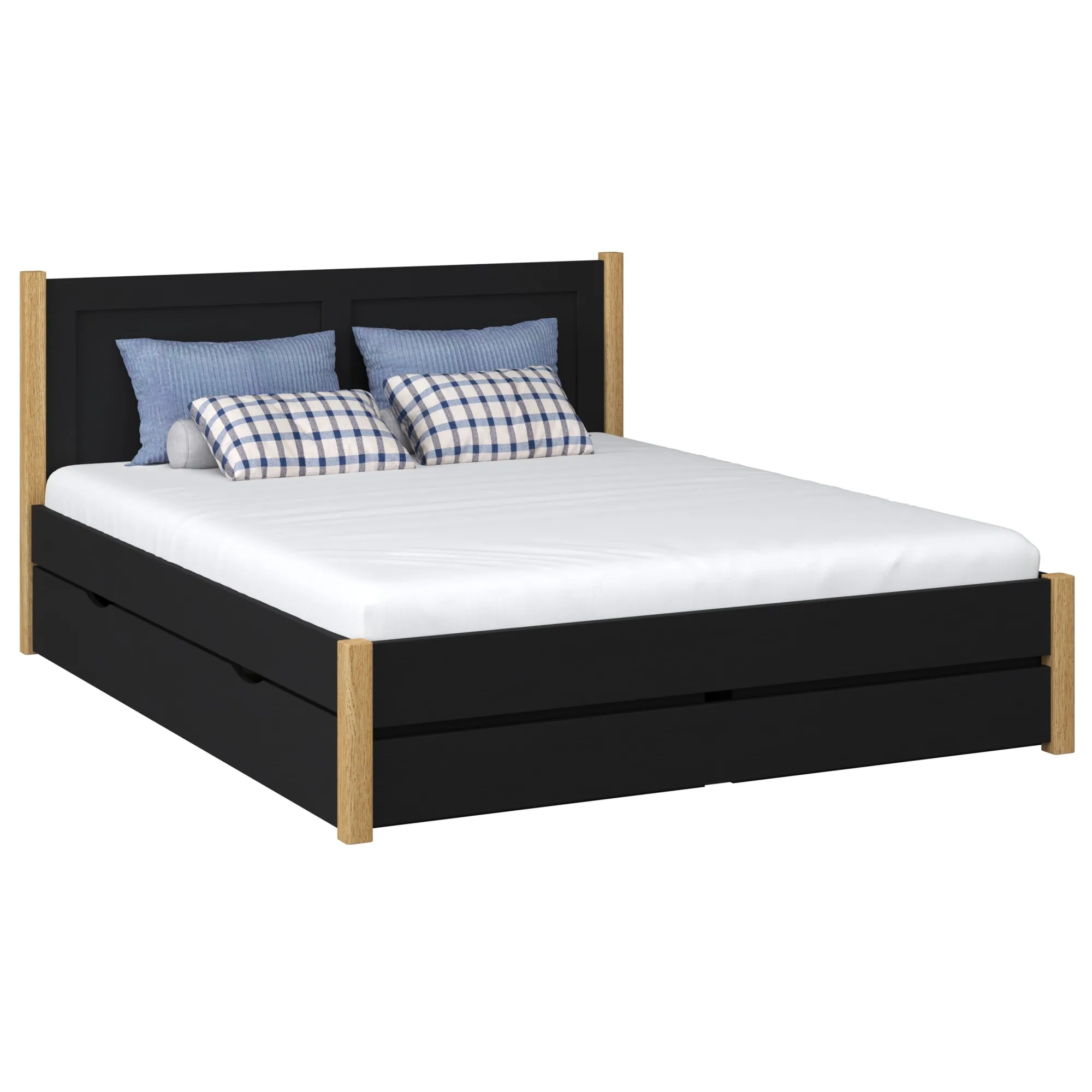 Drewniane łóżko podwójne z szufladą N02