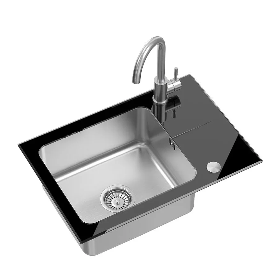 HUGH 116 komora stalowa z czarnym blatem szklanym z syfonem i zaślepką (640x440/R35) + KATE SteelQ stalowa bateria kuchenna stal szczotkowana