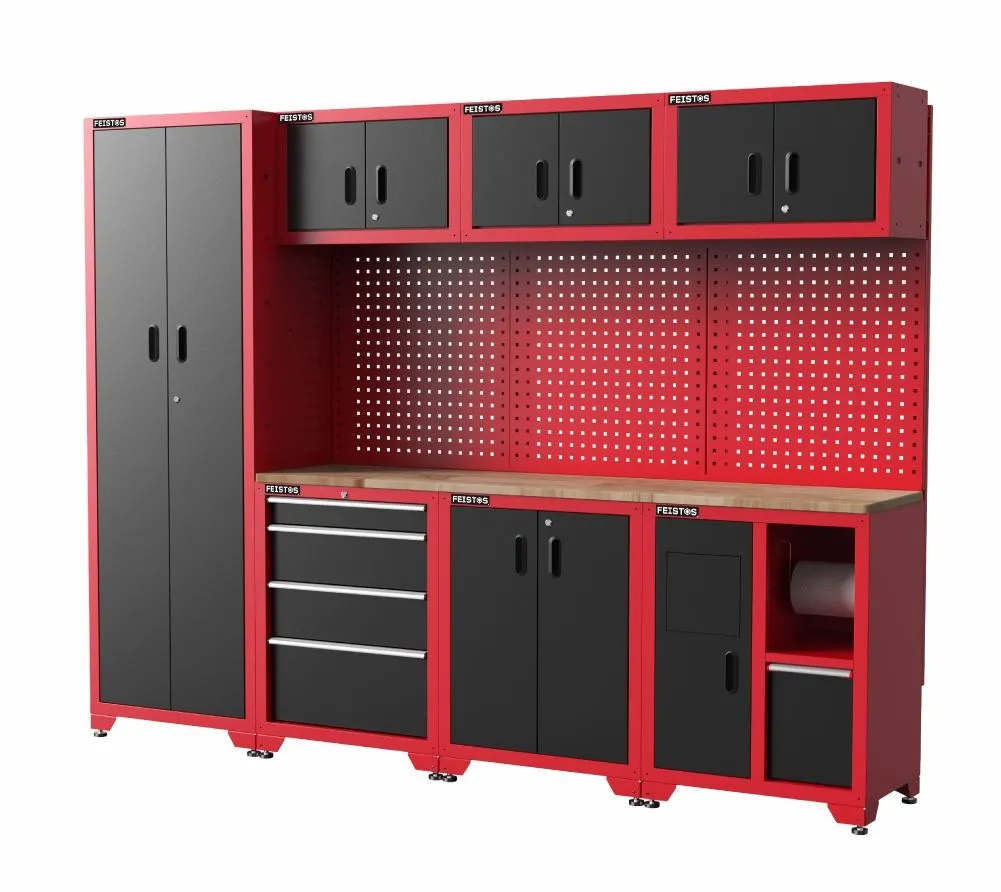 Feistos Wyposażenie warsztatu Szafka narzędziowa Juno 3 łącznie z perforowaną ścianą Czarny/Czerwony 264 x 46 x 198 cm