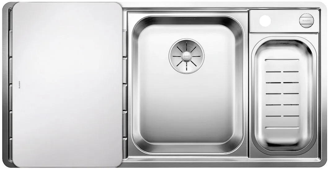 BLANCO AXIS III 6 S-IF stal polerowana prawa, korek auto., InFino, deska szkło białe, odsączarka stalowa