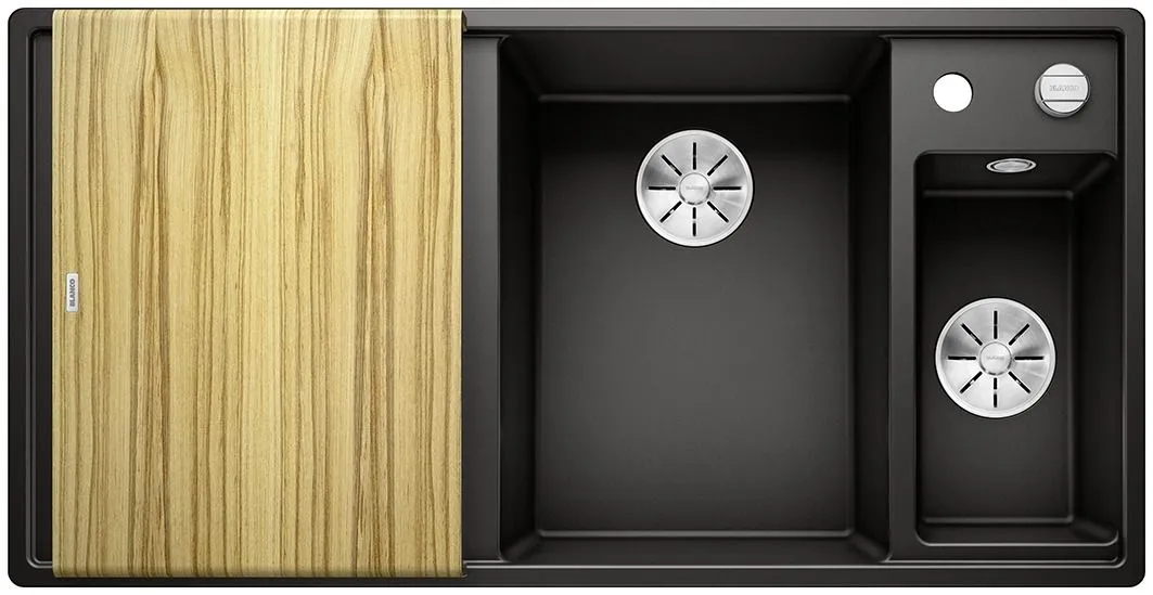 BLANCO AXIA III 6 S Silgranit czarny prawa, korek auto., InFino, deska jesionowa, odsączarka stalowa