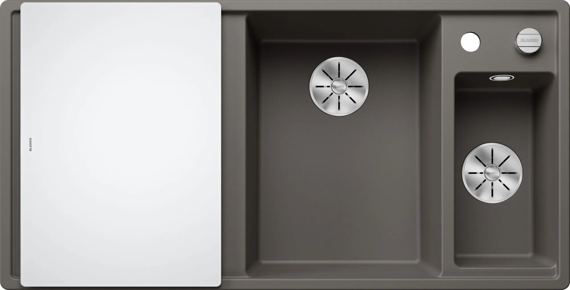 Zlewozmywak AXIA III 6 S Silgranit wulkaniczny szary prawa, korek auto., InFino, deska szkło białe, odsączarka stalowa