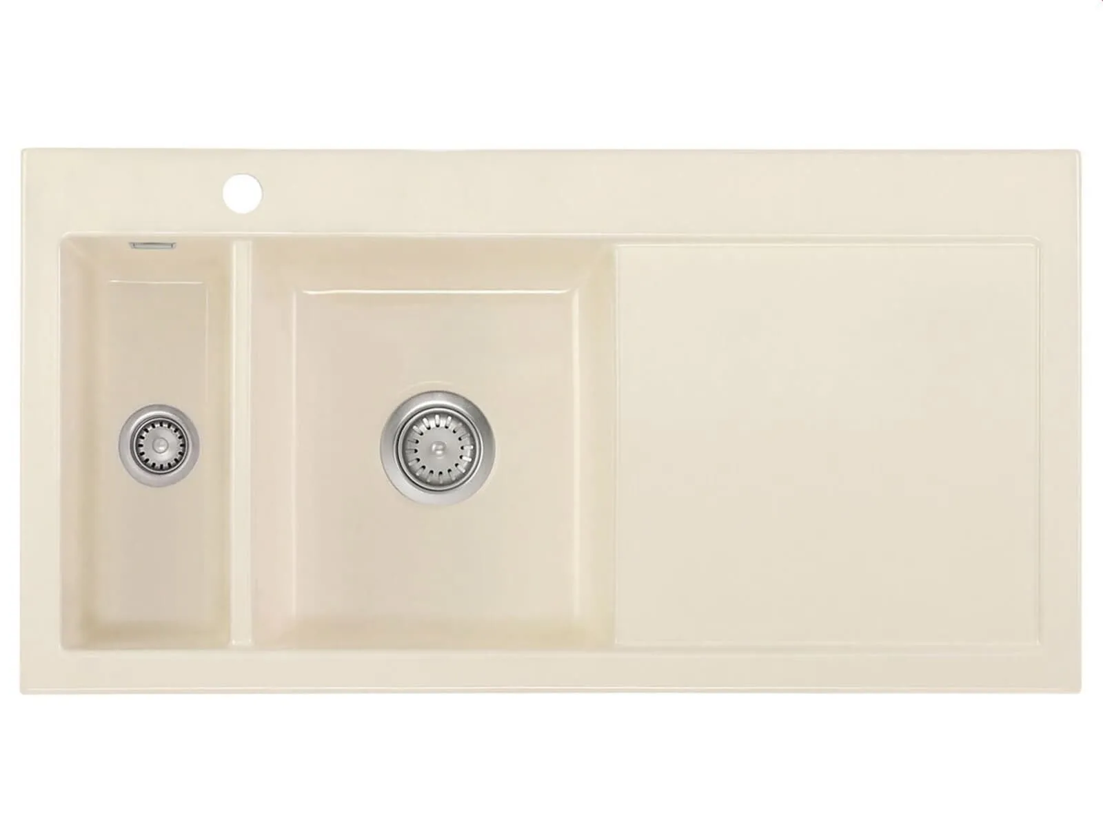 Systemceram Mera 100 Magnolia, Zlewozmywak ceramiczny, korek manualny, lewa komora