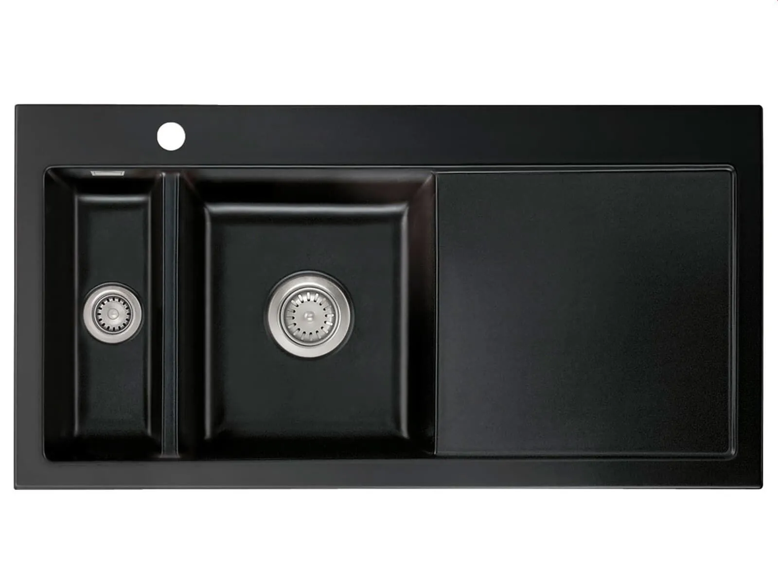 Systemceram Mera 100 Nero, Zlewozmywak ceramiczny, korek manualny, lewa komora