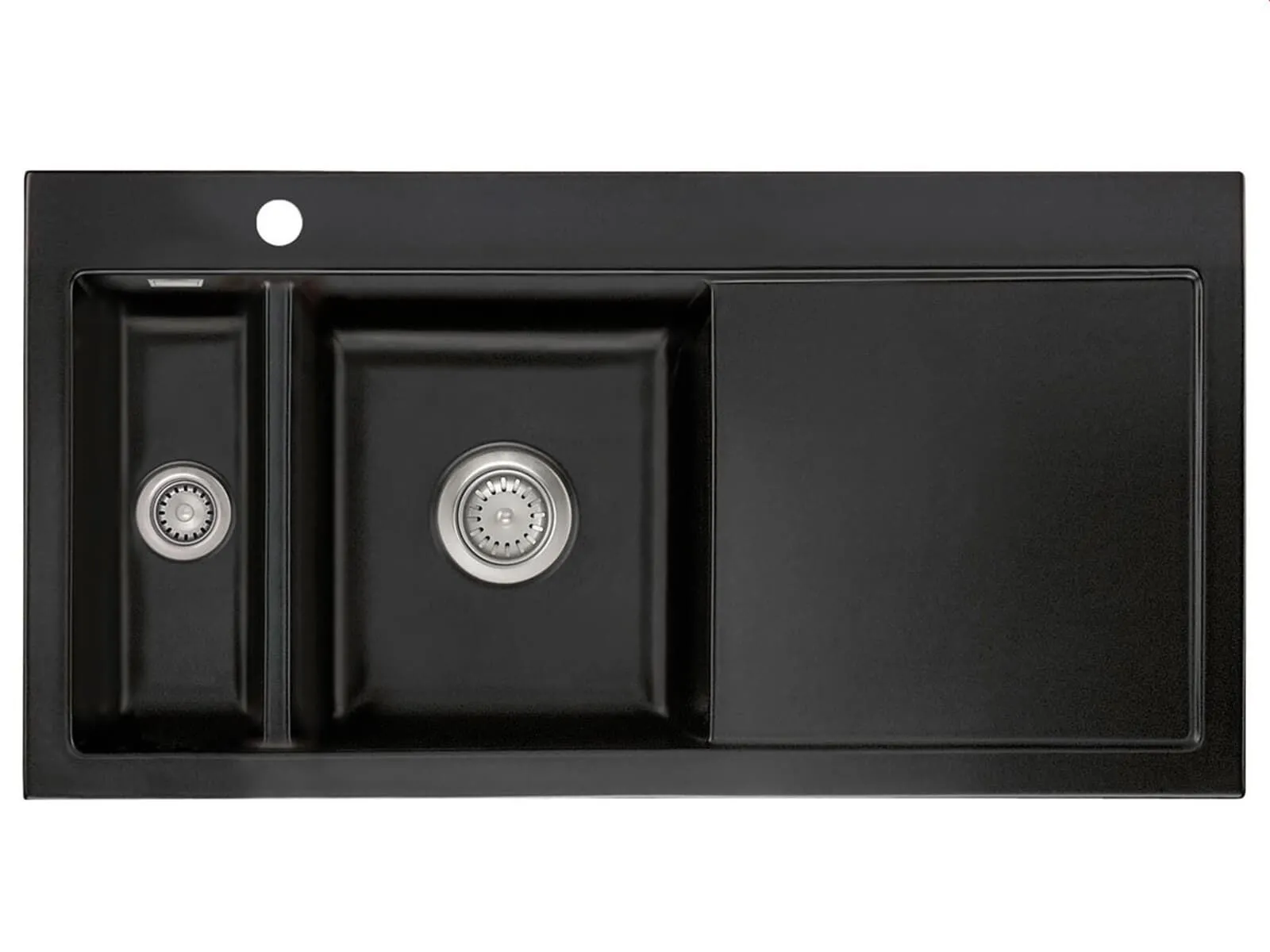 Systemceram Mera 100 Nigra, Zlewozmywak ceramiczny, korek manualny, lewa komora