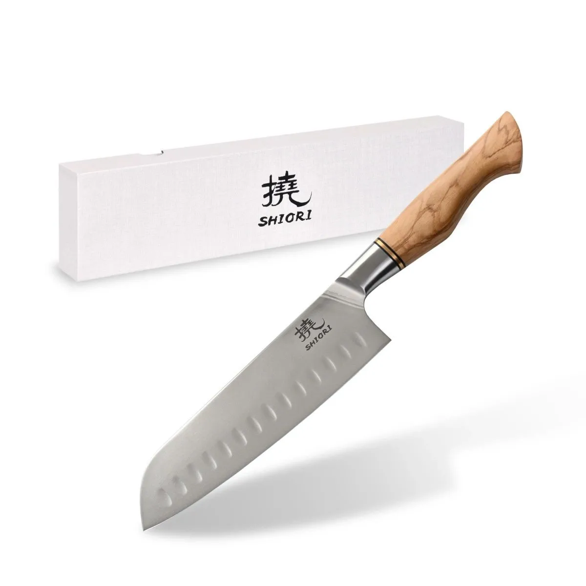 Duży, idealnie wywarzony nóż Shiori 撓 Orību Santoku by Jakub Suchta stal damasceńska, rękojeść drewno premium oliwne