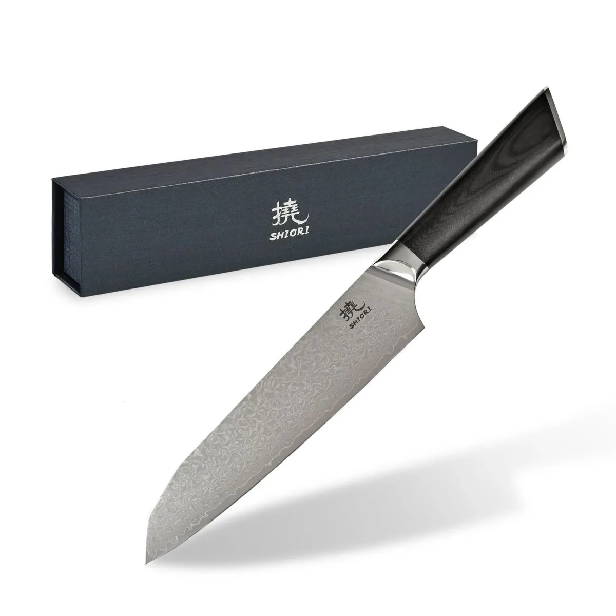 Duży, idealnie wywarzony nóż Shiori 撓 Chairo Santoku stal damasceńska, rękojeść drewno pakka