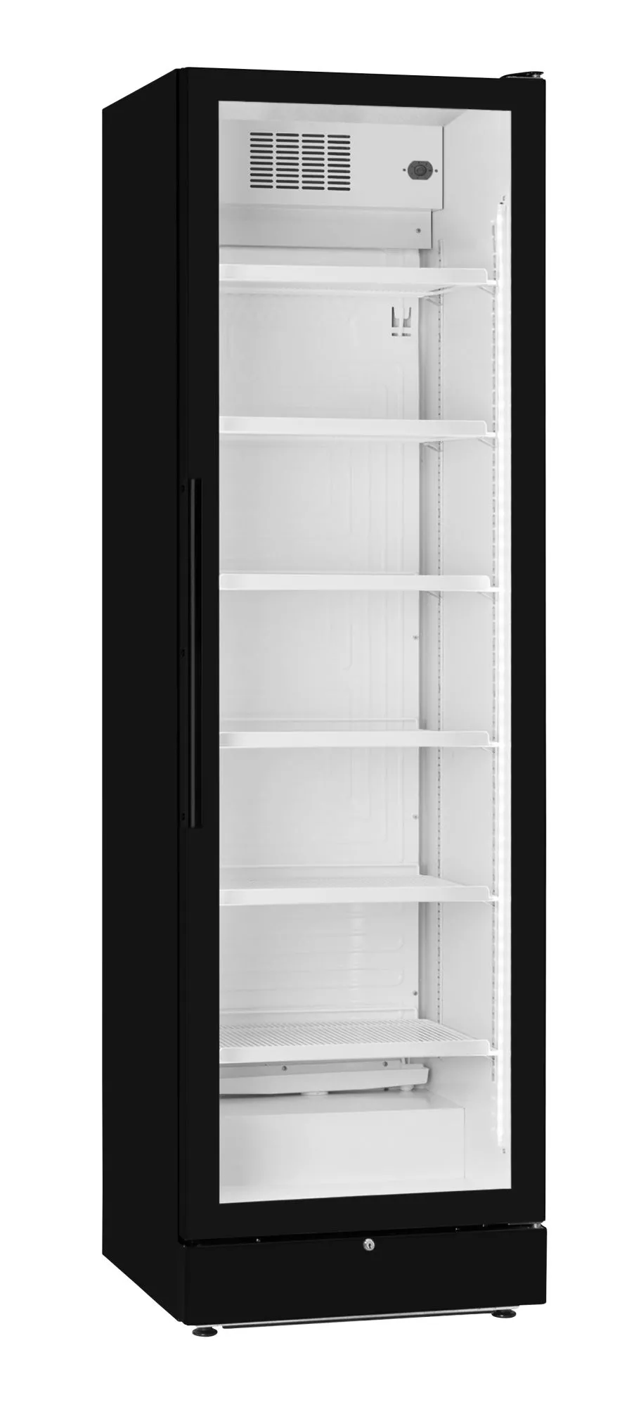 ViboCold VD 390 Ekskluzywna chłodziarka gablotowa z drzwiami bezramowymi Sześć wyjmowanych półek drucianych i regulowane nóżki poziomujące