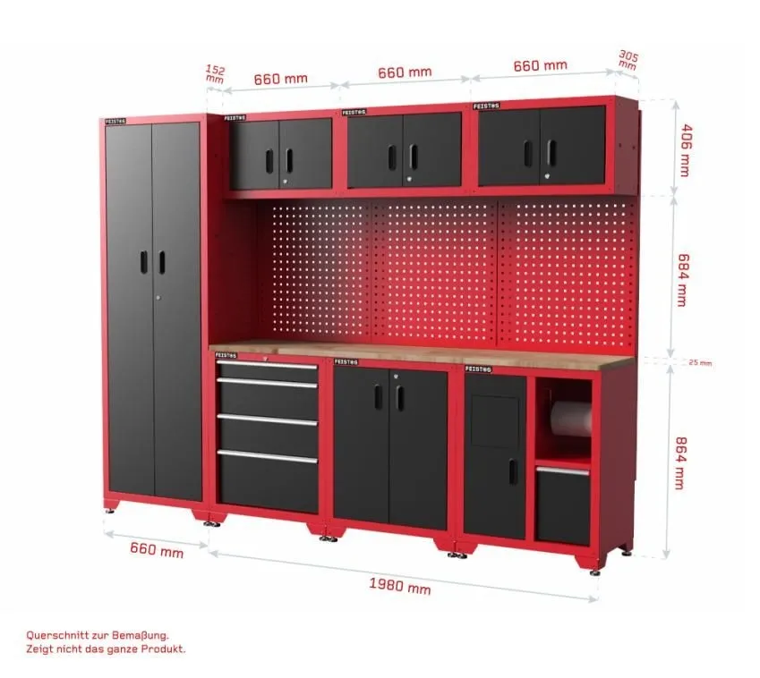 Wyposażenie warsztatu Szafka narzędziowa Juno 15 w tym tablica perforowana Czarny/Czerwony | 330x46x198 cm
