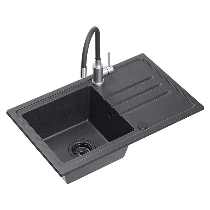 QUADRON BEN 111 zlewozmywak granitowy czarny (70x44x17,5) + bateria z elastyczną wylewką czarna + syfon czarny + zaślepka czarna