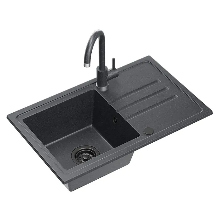 QUADRON BEN 111 zlewozmywak granitowy czarny (70x44x17,5) + bateria czarna + syfon czarny + zaślepka czarna