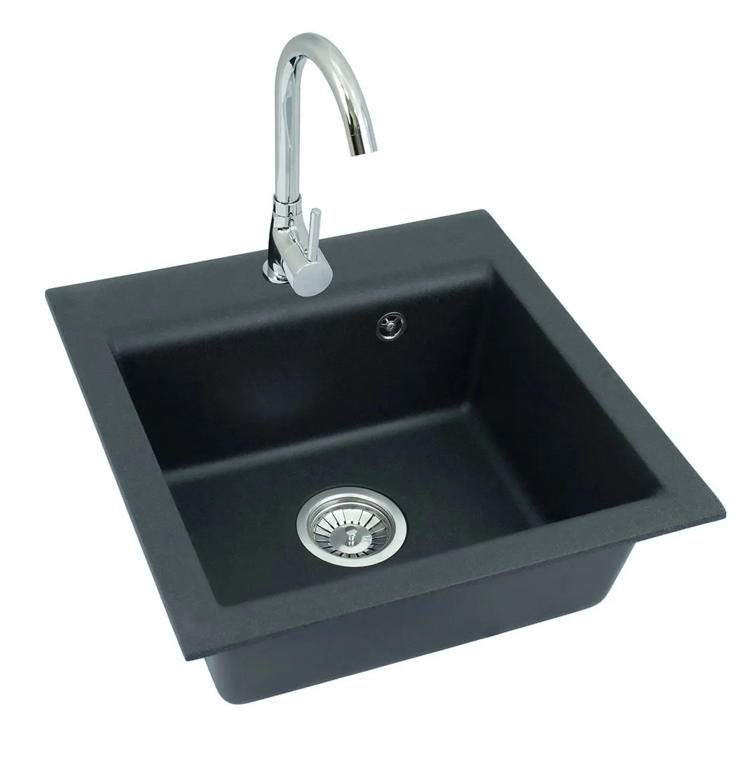 Alveus MIJA 10 kol. 91 CZARNY zlew Granital 1 kom (50x50x18) + syfon manualny + bateria chrom