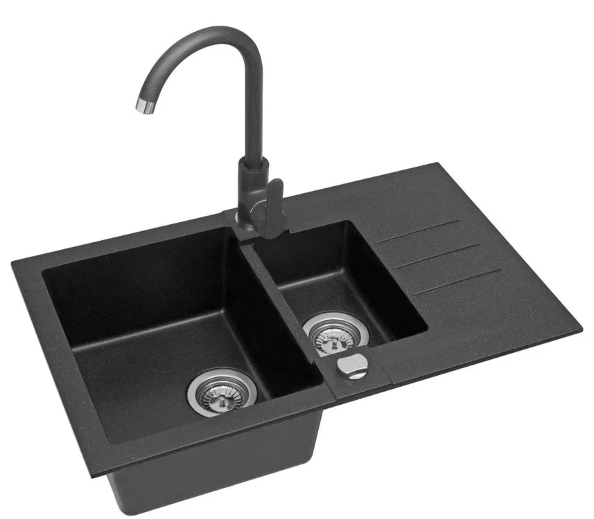 Alveus ROCK 70 kol. 91 czarny (78x48) zlew Granital 1,5kom. z syfonem POP-UP + Bateria  kol. 91