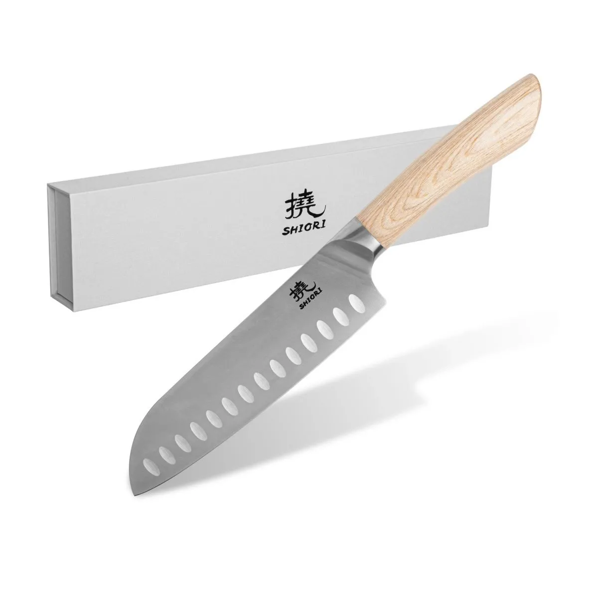 Duży, idealnie wywarzony nóż Shiori 撓 Orību Santoku by Jakub Suchta stal damasceńska, rękojeść drewno premium oliwne