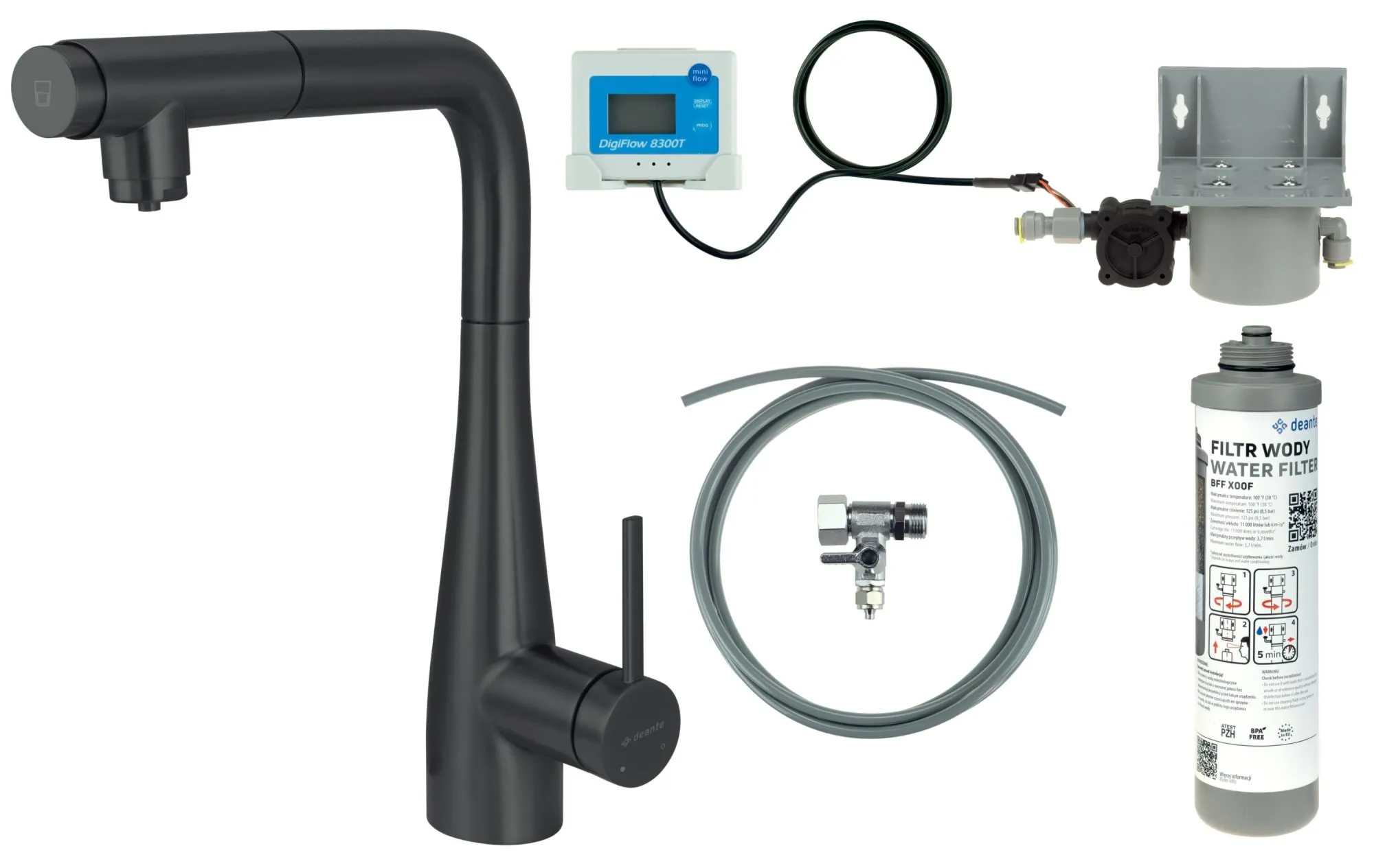 Deante Bateria kuchenna z zestawem do filtracji wody z wyciąganą wylewką