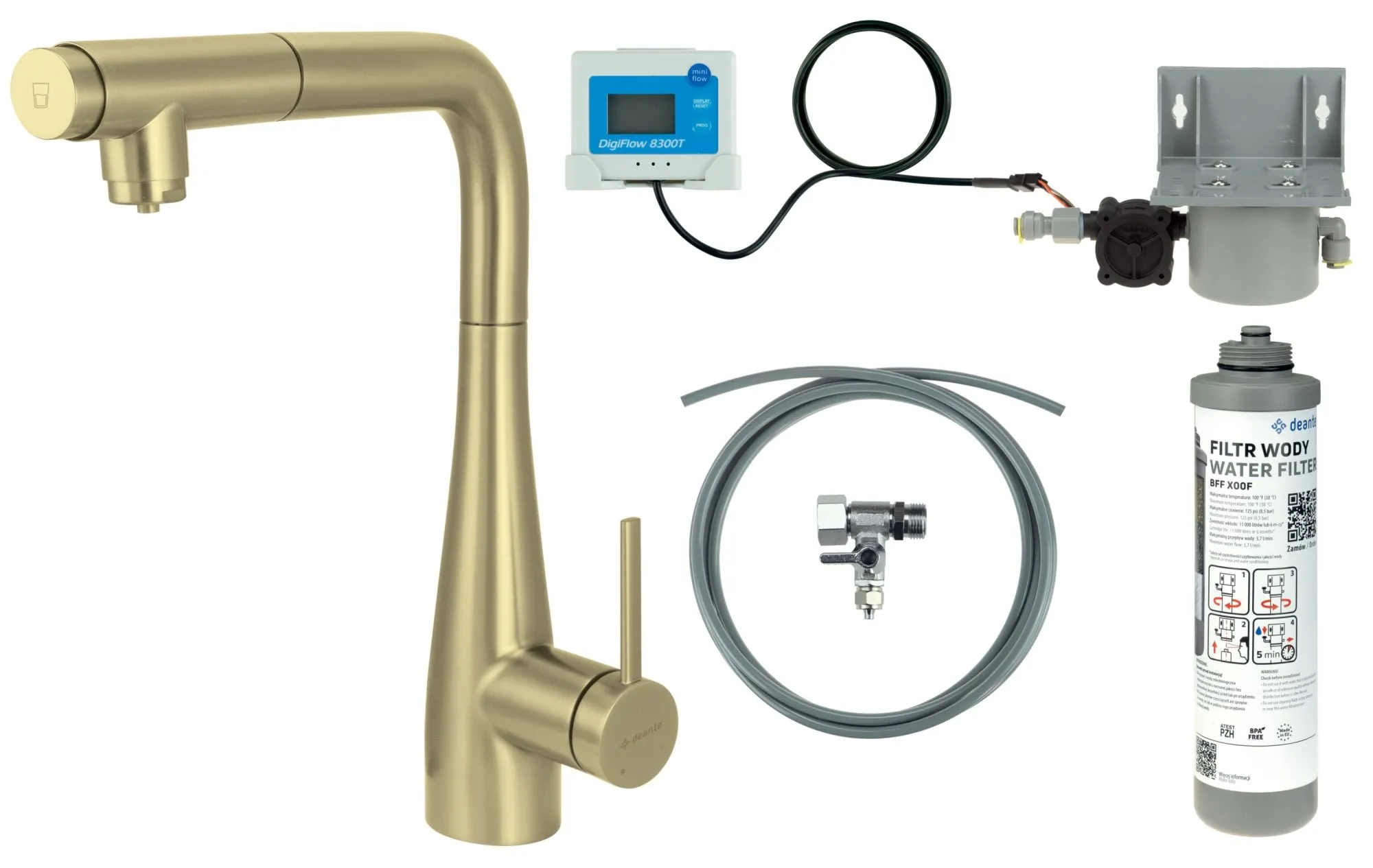 Deante Bateria kuchenna z zestawem do filtracji wody z wyciąganą wylewką