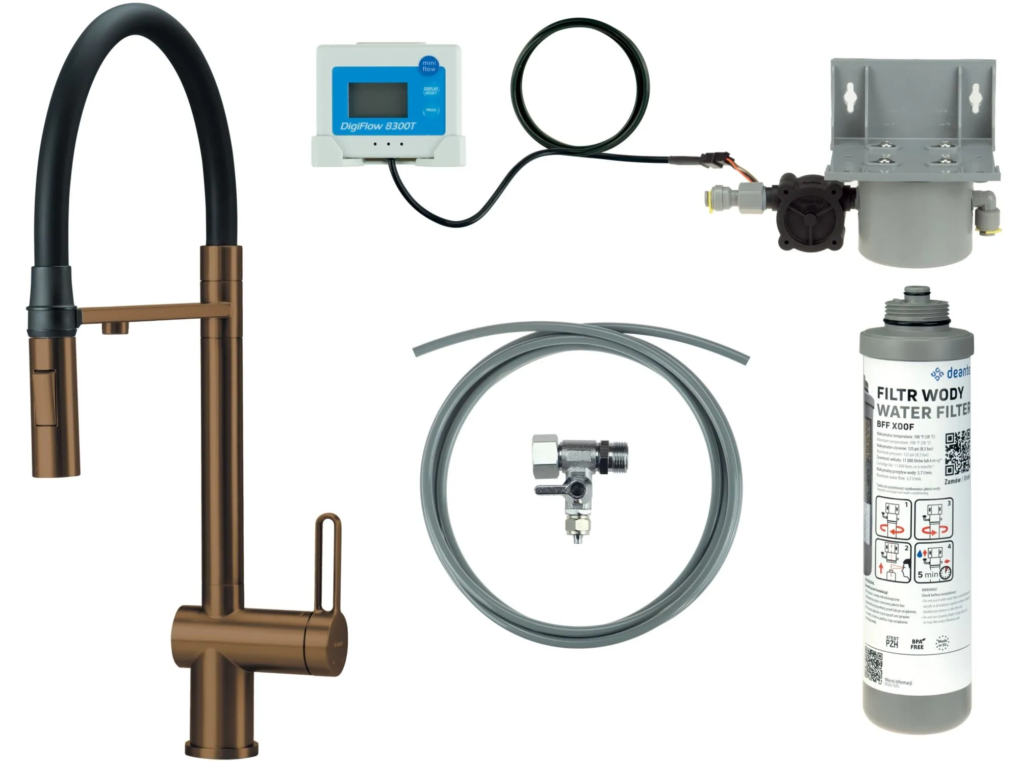 Deante Bateria kuchenna z zestawem do filtracji wody z elastyczną wylewką