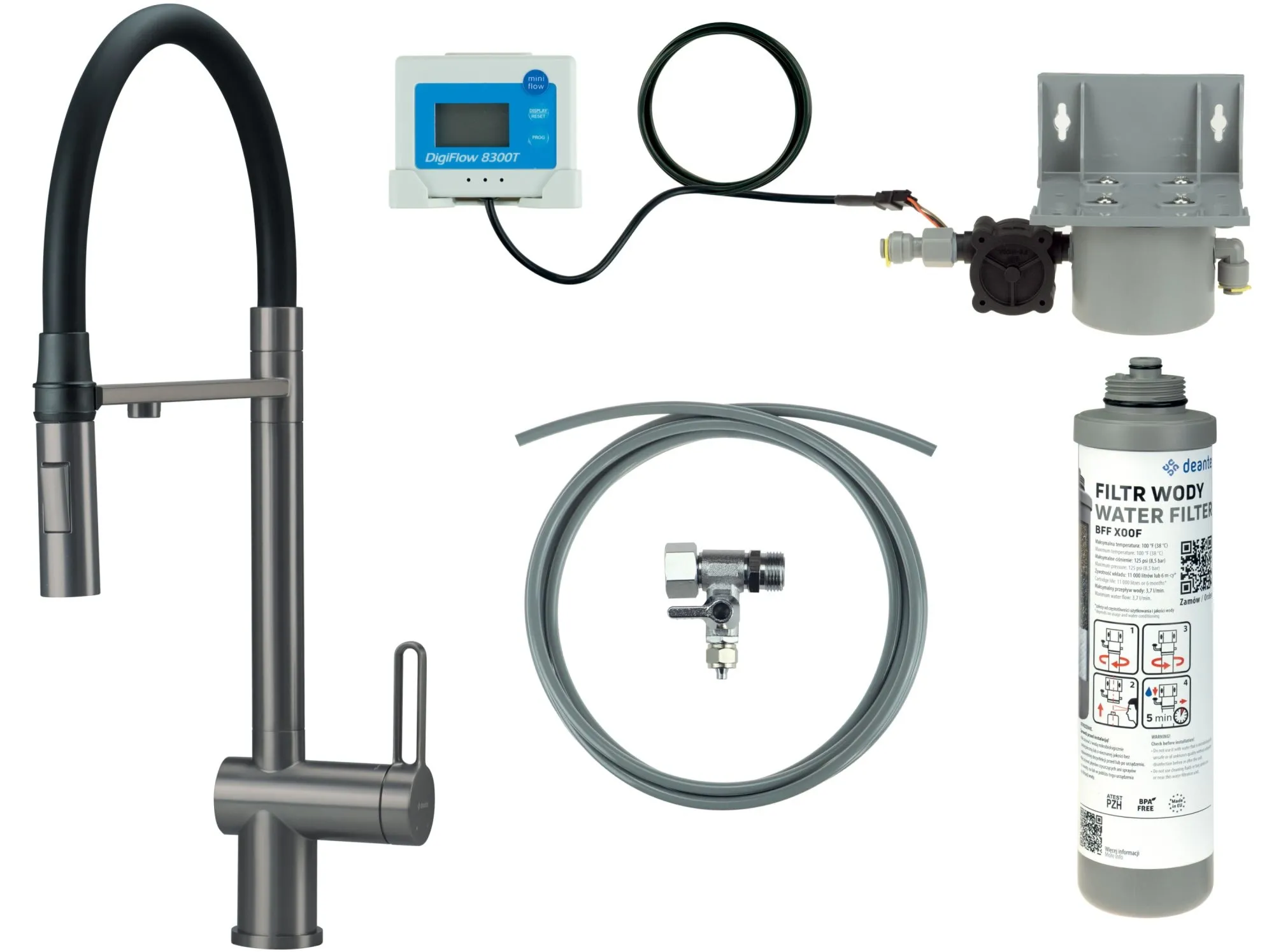 Deante Bateria kuchenna z zestawem do filtracji wody z elastyczną wylewką