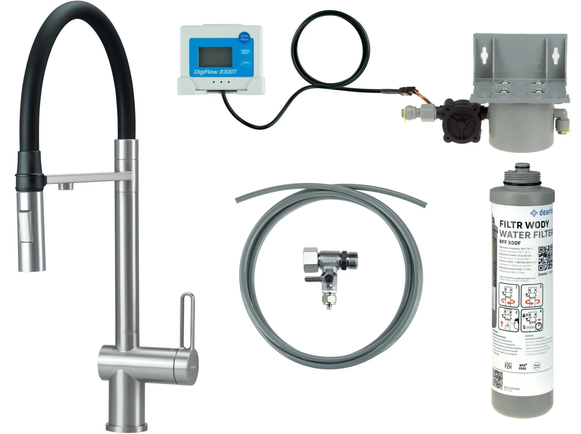 Deante Bateria kuchenna z zestawem do filtracji wody z elastyczną wylewką