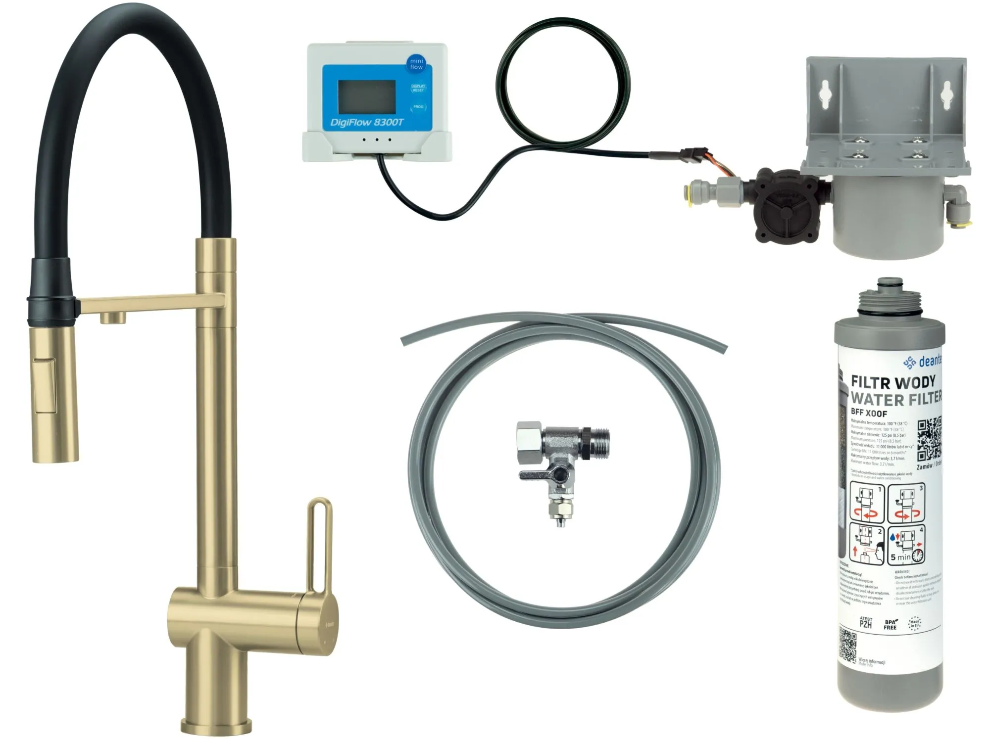 Deante Bateria kuchenna z zestawem do filtracji wody z elastyczną wylewką