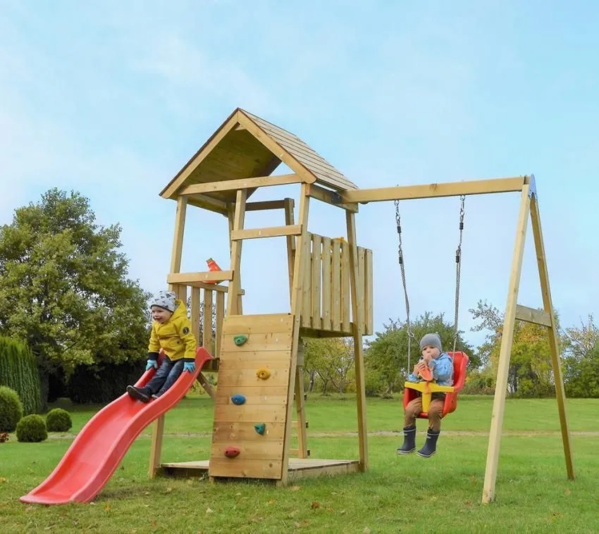 Wendy Toys Drewniany plac zabaw panda z huśtawką i zjeżdżalnią czerwony