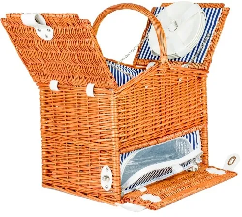 Wiklinowy kosz piknikowy z wbudowaną termotorbą i zastawą dla 4 osób - marynarski