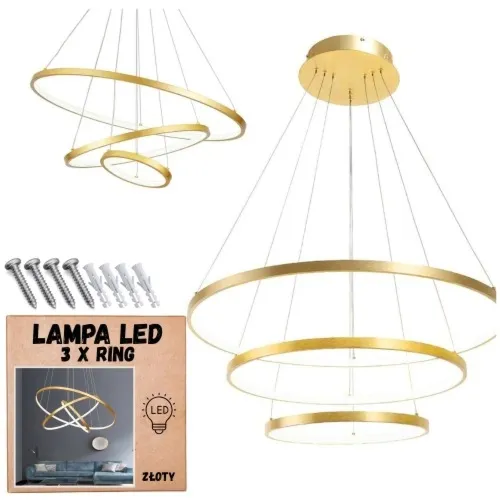 Lampa wisząca led sufitowa żyrandol 3 ringi 76w kolor złoty gold regulowana