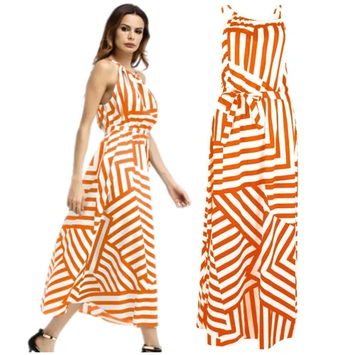 Sukienka długa plażowa biało-pomarańczowa