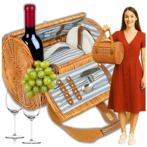 Pleciony kosz piknikowy wiklinowy dla 2 osób ogród termotorba talerze