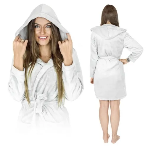 Gruby ciepły szlafrok damski z kapturem – jasny szary