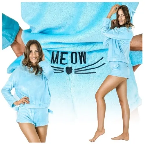 Pluszowa damska piżama z kocimi uszami niebieska