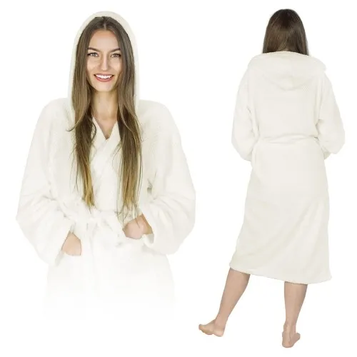 Ciepły długi szlafrok damski z kapturem biały ecru